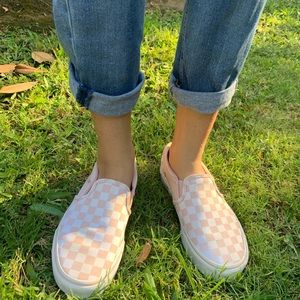 Pink checkered slip on vans